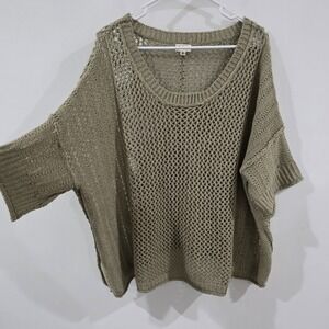 Pol Womens Open Knit Boxy Sweater Size Small Green Dolman Sleeve Boho Oversized